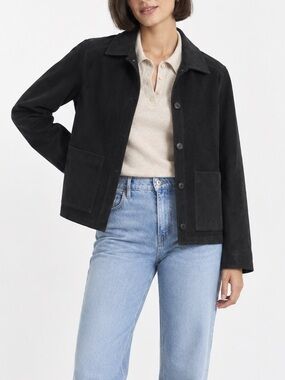 New Frontier Black Suede Leather Jacket Y2K 90s Minimalist Chore Coat Womens Med